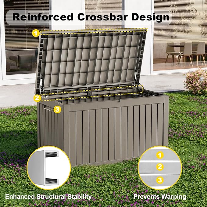 280 Gallon Outdoor Deck Box, Lockable Waterproof Outdoor Storage Boxes For Garden Tools,Indoor Cushions,Accessories Outside Storage Resin Weatherproof Container(Grey)