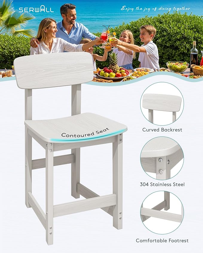 SERWALL Outdoor Bar Stools Set of 2, All Weather HDPE 25" Counter Height Bar Stools with Back, Outdoor Armless Barstools for Patio, Garden, Backyard, Balcony, Poolside, White