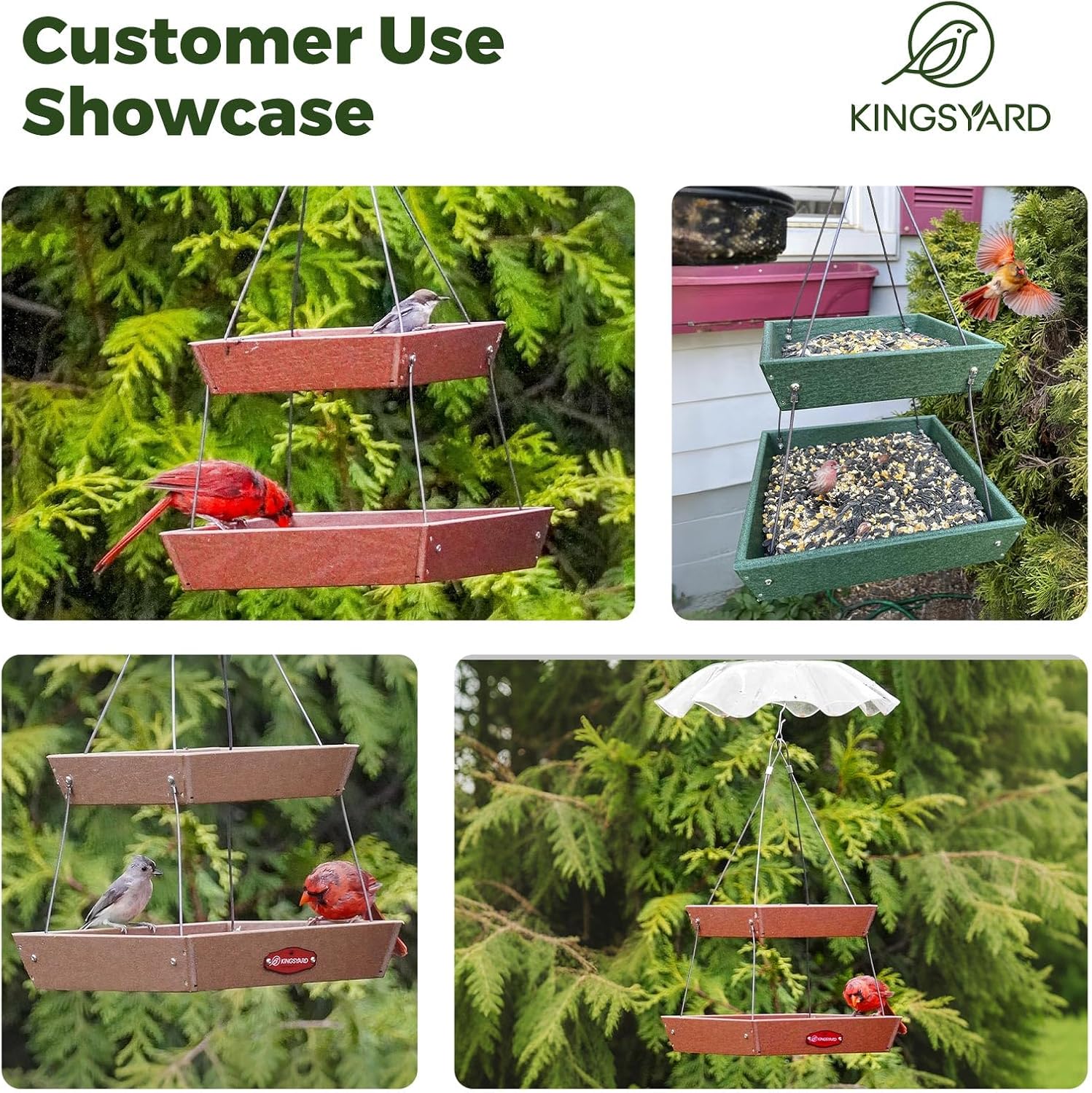 Kingsyard 2 Tier Large Platform Bird Feeder for Outdoors Hanging | Large Recycled Poly Lumber Tray, 5 Lbs Capacity, Garden Decoration Attracts Cardinal Bluebird Goldfinch, Green