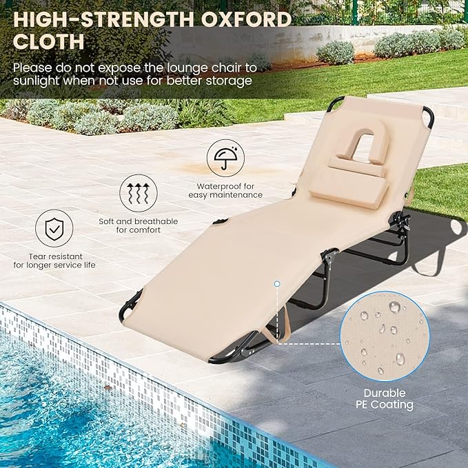 GYMAX Tanning Chair, 350lbs Beach Lounge Chair with Face Hole, Detachable Washable Pillow & Carry Strap, Adjustable Folding Chaise Lounge, Layout Chair for Outside, Patio, Poolside, Lawn (1, Beige)