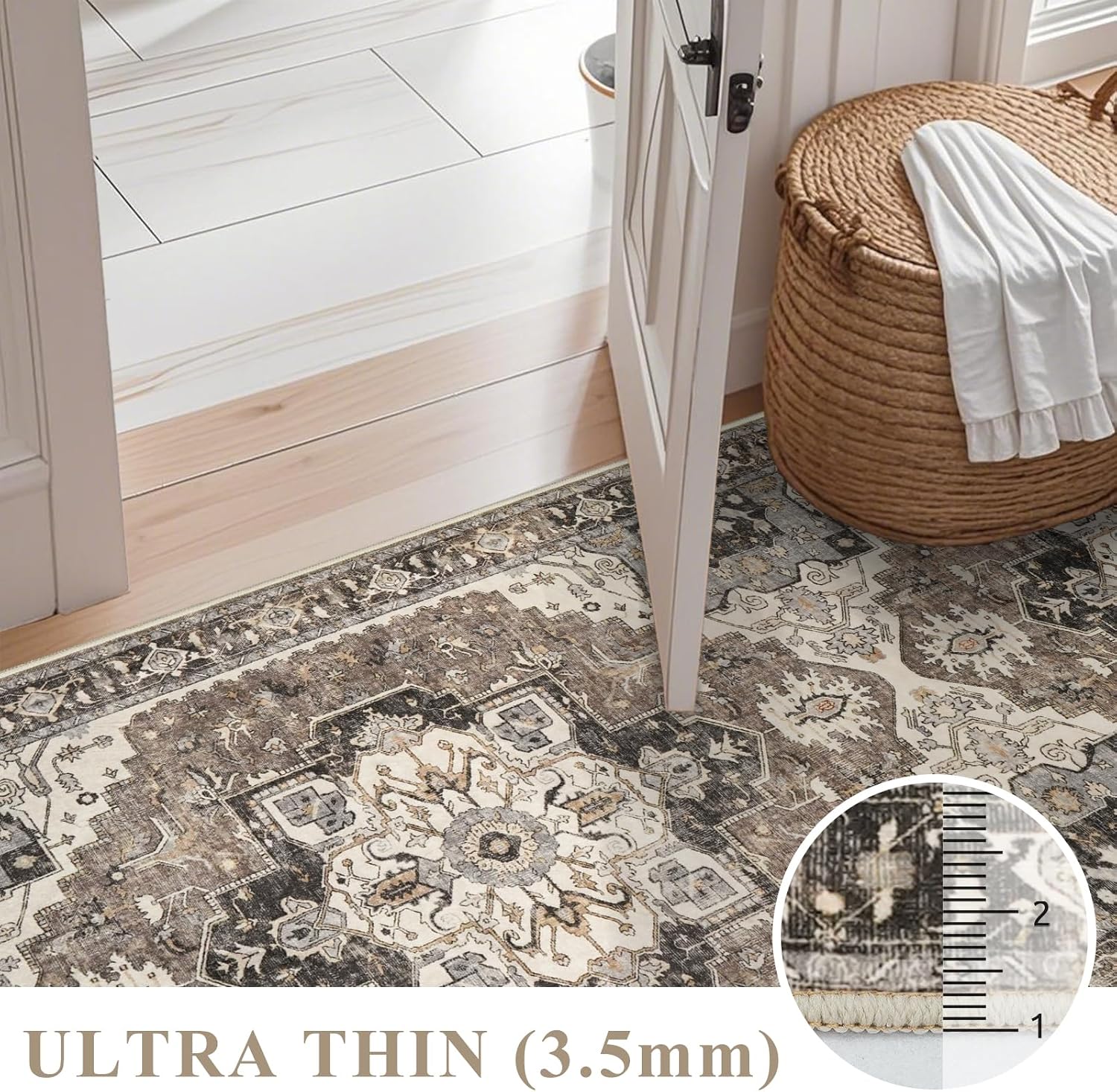 RUUGME Entryway 2x4 Runner Rug: Washable Vintage Rugs Low Pile Lightweight Stain Resistant Carpet for Kitchen Bedroom Non-Slip Soft Thin Floor Mat for Bathroom Laundry Room (Beige,2x4)