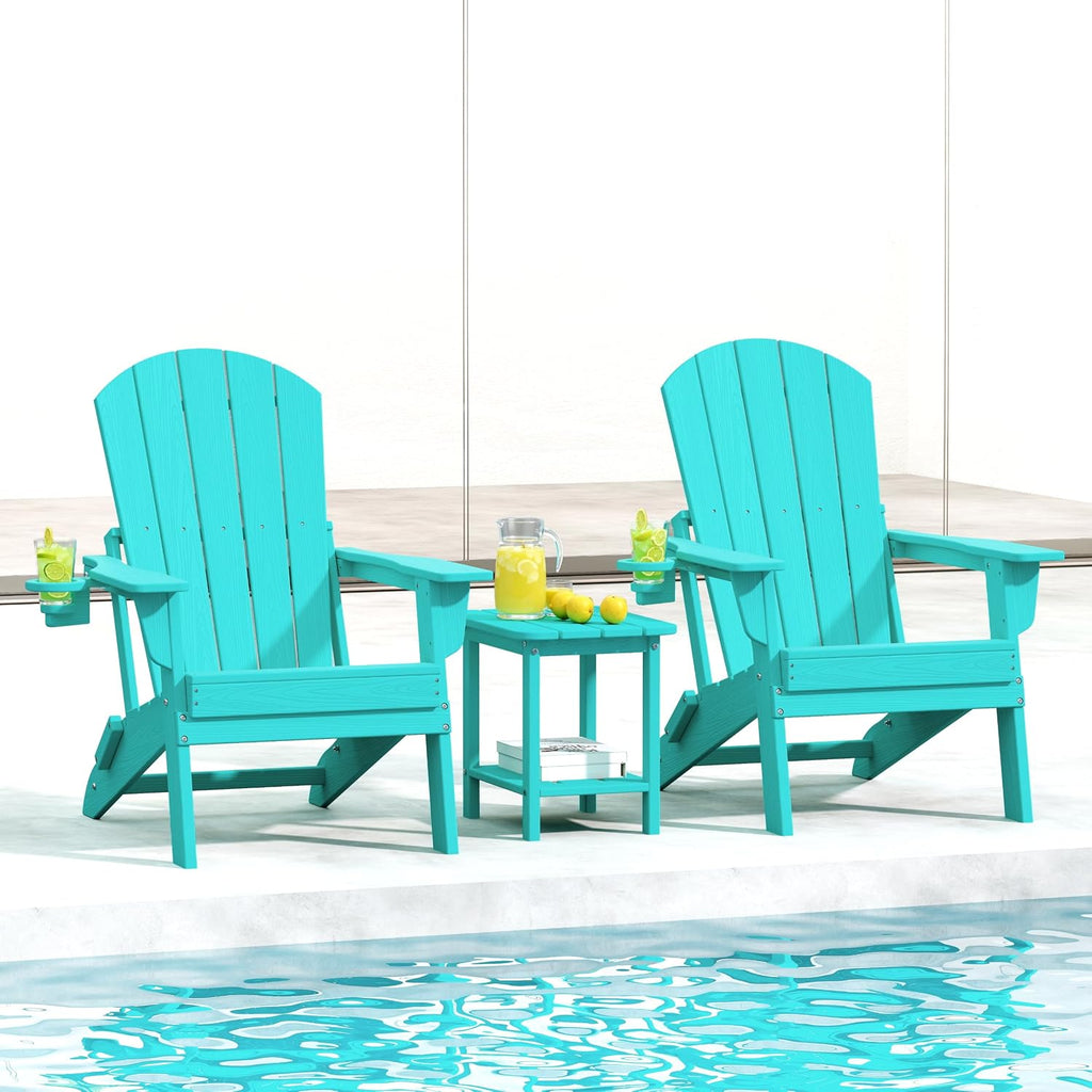 HDPE 3-Piece Folding Adirondack Chair Set, Aruba Blue | 38" Extra Tall Back & Embossed Wood Grain, Oversized HDPE Patio Furniture with Side Table & Cup Holders, All Weather