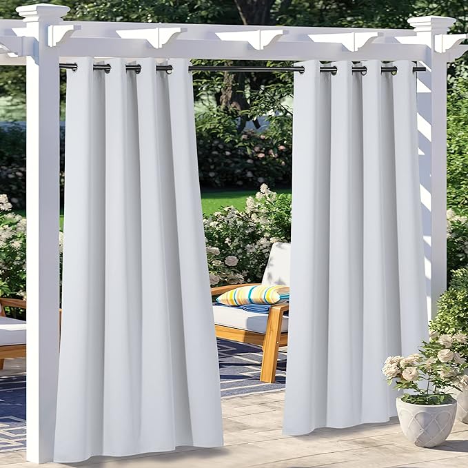 NICETOWN 2 Panels Exterior Greyish White Outdoor Curtains for Patio Waterproof, Thermal Insulated Stainless Steel Grommet Durable Outside Vertical Drapes for Yard Party/Picnic, W52 x L95