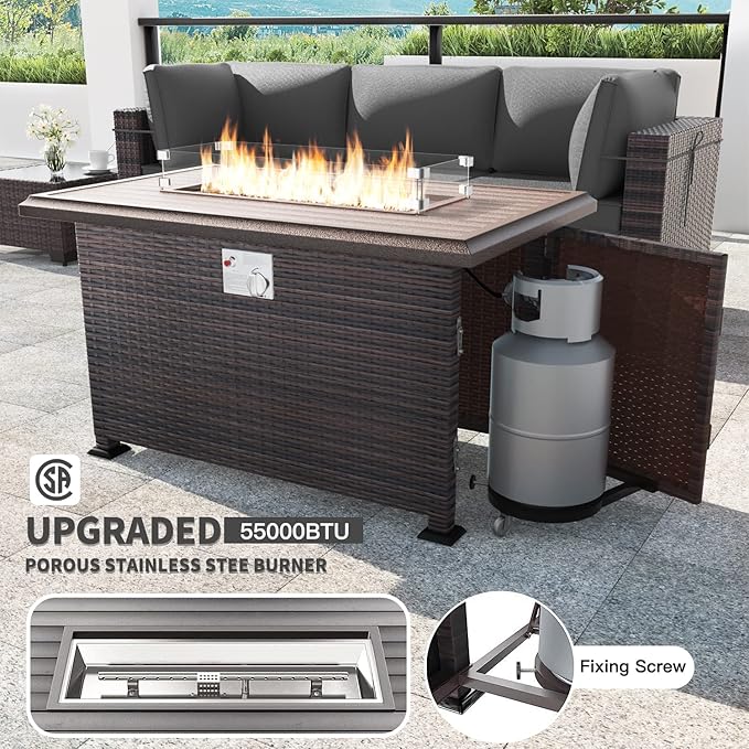 Kullavik 13 Pieces Outdoor Patio Furniture Set with 43" 55000BTU Gas Propane Fire Pit Table PE Wicker Rattan Sectional Sofa Patio Conversation Sets,Grey