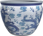 Red Lantern 14" Dragon Blue & White Porcelain Fishbowl Planter or Cachepot for Indoor/Outdoor Use in Garden Entryway Living Room Boho Eclectic Modern Contemporary Classic Traditional Style Decor
