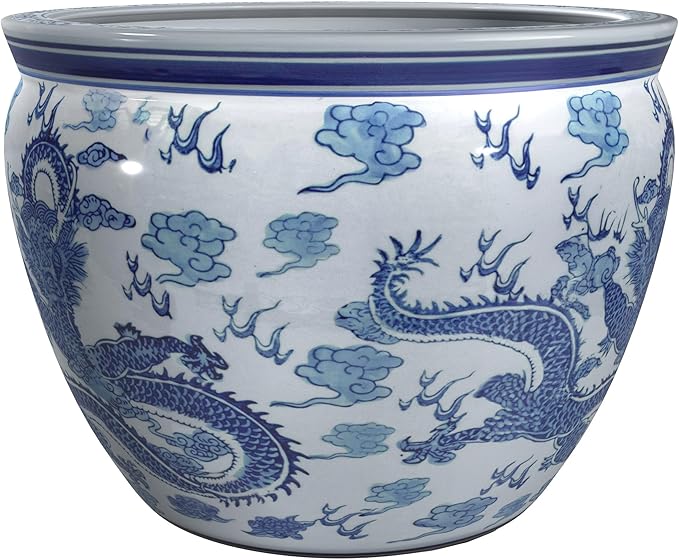 Red Lantern 14" Dragon Blue & White Porcelain Fishbowl Planter or Cachepot for Indoor/Outdoor Use in Garden Entryway Living Room Boho Eclectic Modern Contemporary Classic Traditional Style Decor