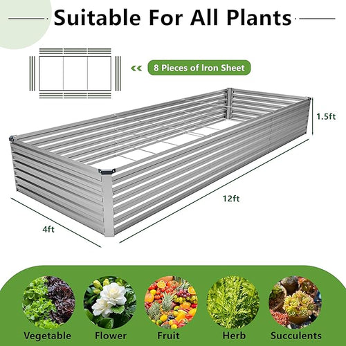 12x4x1.5FT Galvanized Raised Garden Bed,Vegetable Boxes-Rectangle Metal Flower Box,Large Planter Raised Beds Outdoor Garden for Planting,Fruit,Herb-Silver