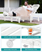 SERWALL Patio Chaise Lounge Chair Set of 4, HDPE Outdoor Lounge Chair with Cup Holder, 5 Positions Adjustable Pool Lounger with Rolling Wheels for Poolside, Deck, Sunbathing, White