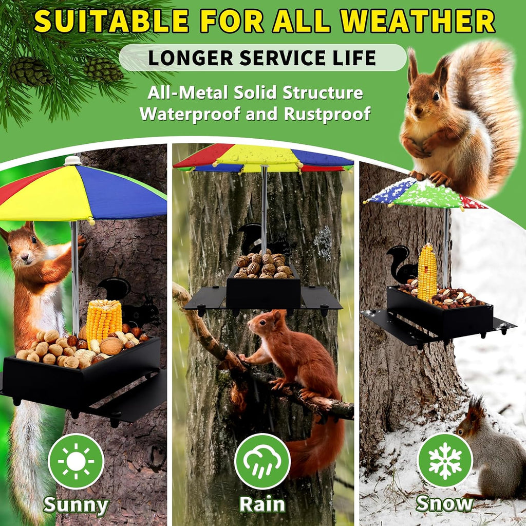 Squirrel Feeder with Umbrella Metal Squirrel Feeders for Outside Funny with Corn Cobs Durable Squirrel Picnic Table Feeder with Solid Structure Cute Chipmunk Feeder for Corn Peanuts