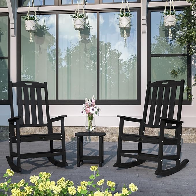 Oversized Rocking Chair Set of 2, Outdoor Rocking Chair for Adults, All Weather Resistant Porch Rocker for Lawn Garden, Black
