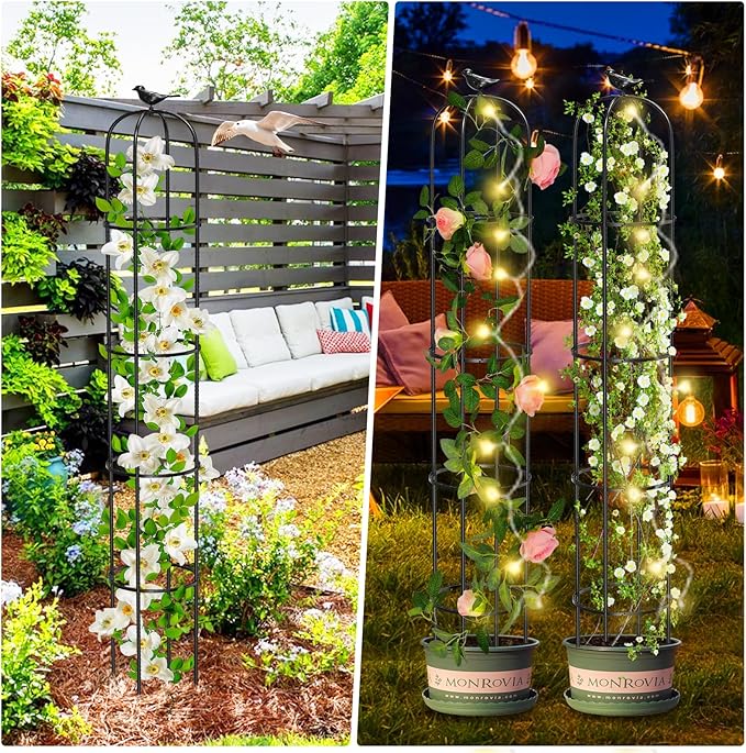 Tower Obelisk Garden Trellis for Climbing Plant，6.2FT/74.4" Rustproof Metal Potted Plant Climbing Support for Indoor Outdoor Flowers Vegetable Fruits Vines Support (2Pcs)