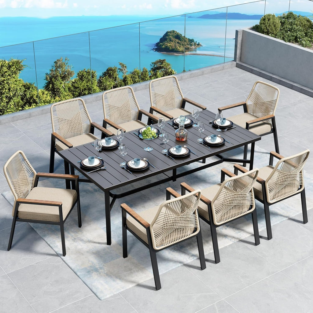 Patio Dining Chairs, Set of 8, PE Rattan, Wrought Iron | Outdoor waterproof cushioned chairs, metal frame, armrests, supports 300 lb. Rust-resistant, all-weather for porch backyard