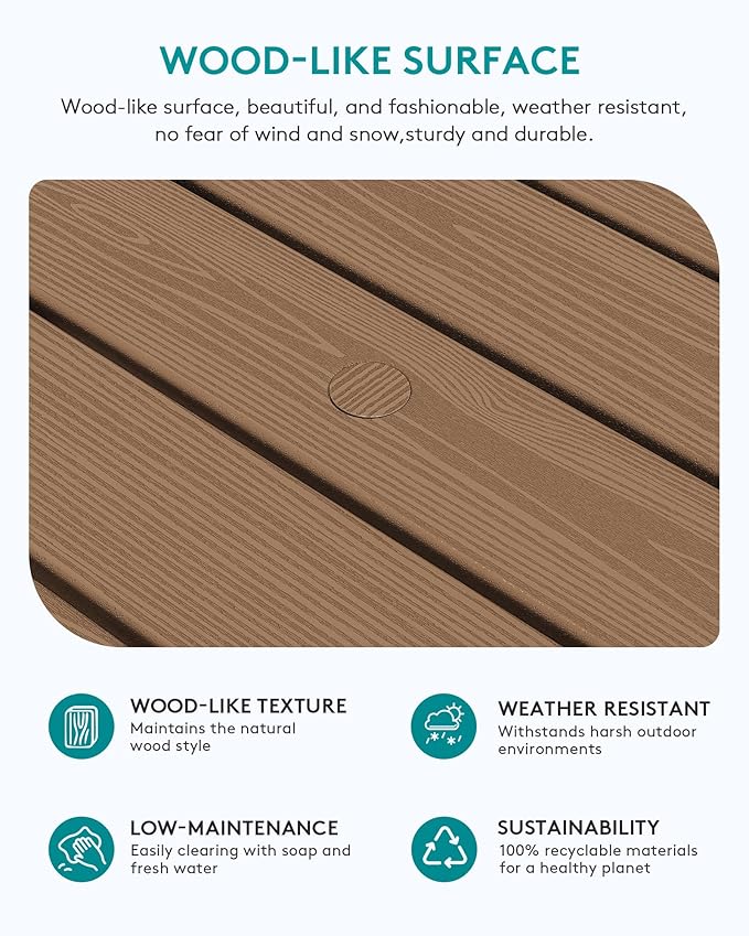 SERWALL Outdoor Coffee Table with 1.69" Umbrella Hole, HDPE Patio Coffee Table for Outside, Rectangle, Brown