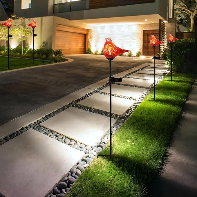 Bshine Solar Garden Decoration Outdoor Red Bird Lights, 2PCS Hand Blown Glass Waterproof Solar Light Stake Decorate Paths, Pathways, Lawns and Yards Art for Mom