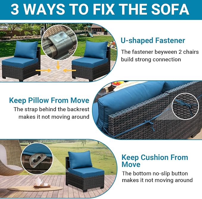 Jing's Villa 8-Piece Patio Furniture Set, All-Weather Outdoor Wicker Sectional Sofa with Cushions,Glass Table & Left and Right Armrest, Rattan Conversation Seating for Porch, Backyard,Peacock Blue