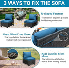 Jing's Villa 8-Piece Patio Furniture Set, All-Weather Outdoor Wicker Sectional Sofa with Cushions,Glass Table & Left and Right Armrest, Rattan Conversation Seating for Porch, Backyard,Peacock Blue