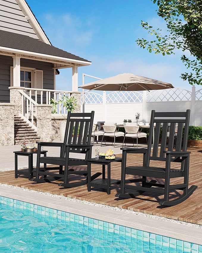 Poly Lumber Rocking Chair Outdoor Set of 2 with Side Table - HDPE High Back Porch Rocker Chairs for Adults - All Weather Resistant Furniture for Patio - Black