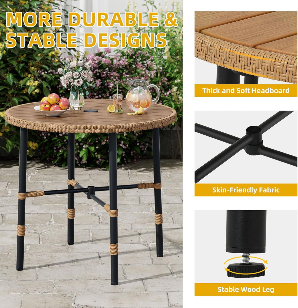 dwvo outdoor patio dining table round for 4, close-up detail