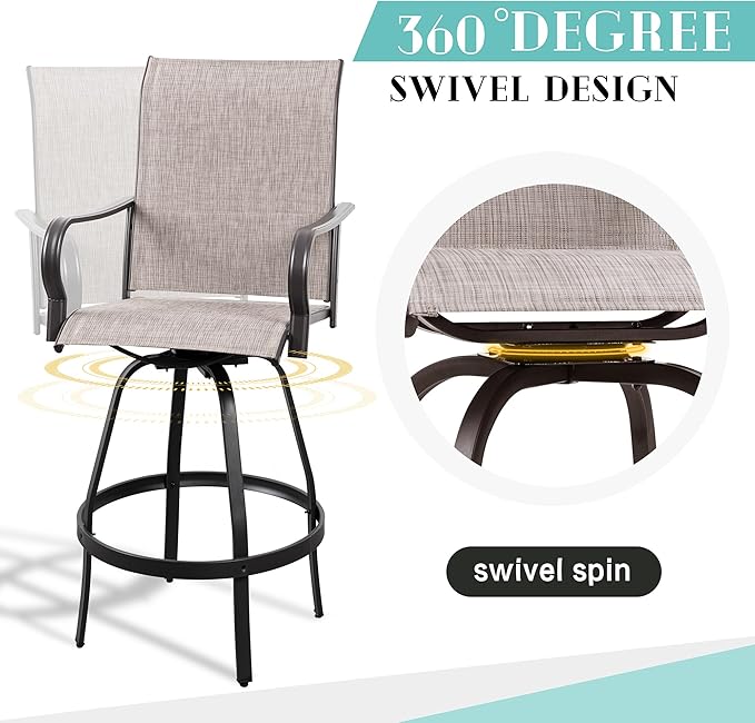 Vongrasig 5 Piece Patio Swivel Bar Set, All Weather Mental Textilene High Swivel Bar Stools Chair Set of 4 and Glass Bar Table, Outdoor High Top Bistro Set for Lawn Garden, Balcony, Taupe