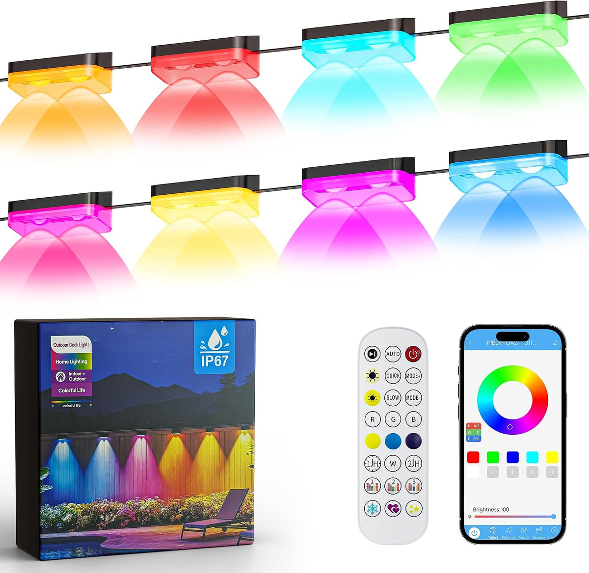 50ft outdoor fence lights, 8 packs smart deck, main product view