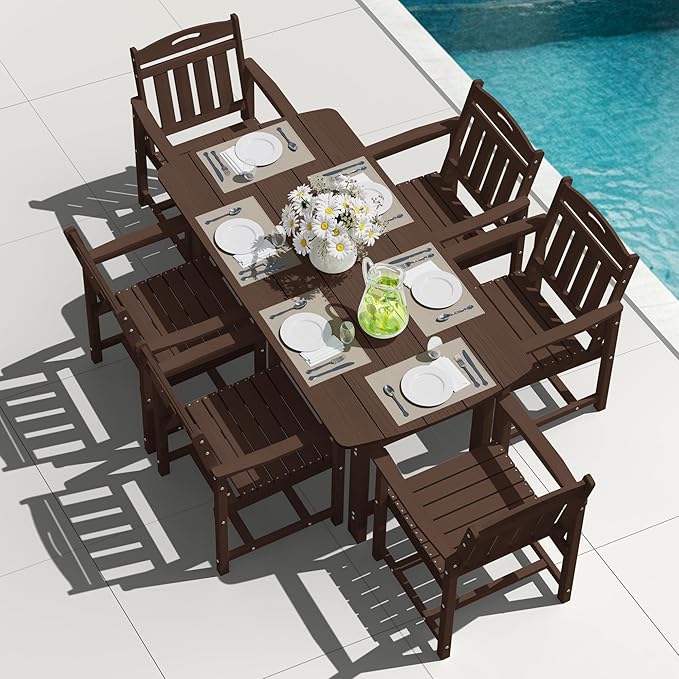 HDPE Outdoor Patio Dining Set with Table & 6 Chairs, All-Weather 7-Piece Outdoor Table and Chairs, 2" Umbrella Hole, Patio Furniture for Garden, Backyard, Deck | Brown