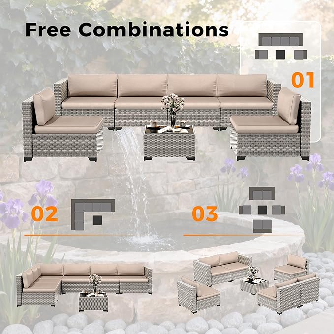 12-Seat Modular Patio Furniture Set – Outdoor Wicker Sectional Sofa with Thick 4″ Cushions, Dual-Strand PE Rattan, Rust-Resistant 18 mm Steel Frame, Backyard Garden Deck Lounge,Beige