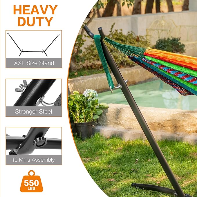 PNAEUT Double Hammocks with Stand for Outside, Portable Space Saving Heavy-Duty Steel Stand for Indoor Outdoor Patio (Mayan Rainbow)