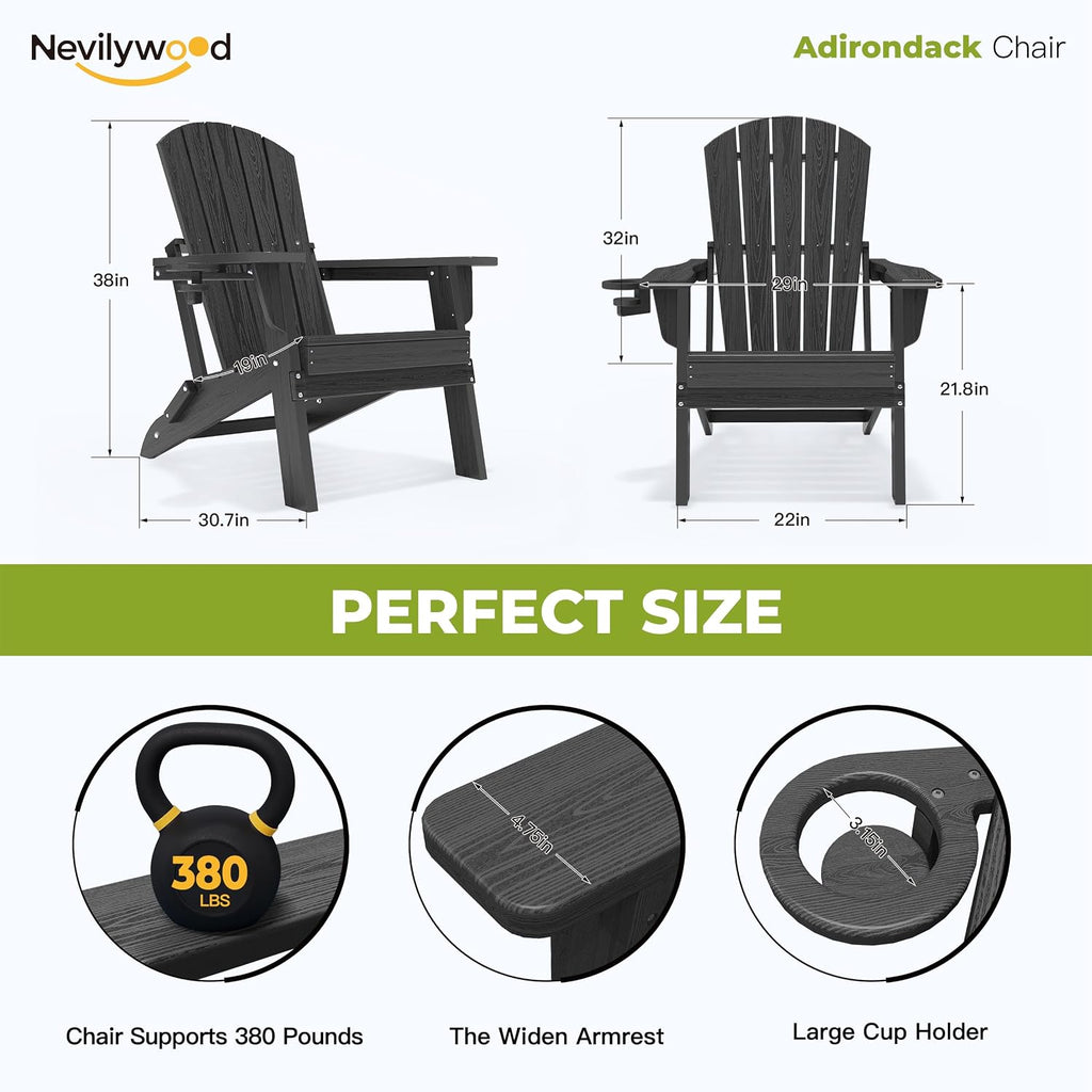 Folding Adirondack Chairs Set of 4, HDPE Cup Holders, Black | Patent pinless folding design, 380lbs, Extended backrest, Natural Wood Look, maintenance-free, All-Weather, Quick setup