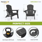 Folding Adirondack Chairs Set of 4, HDPE Cup Holders, Black | Patent pinless folding design, 380lbs, Extended backrest, Natural Wood Look, maintenance-free, All-Weather, Quick setup