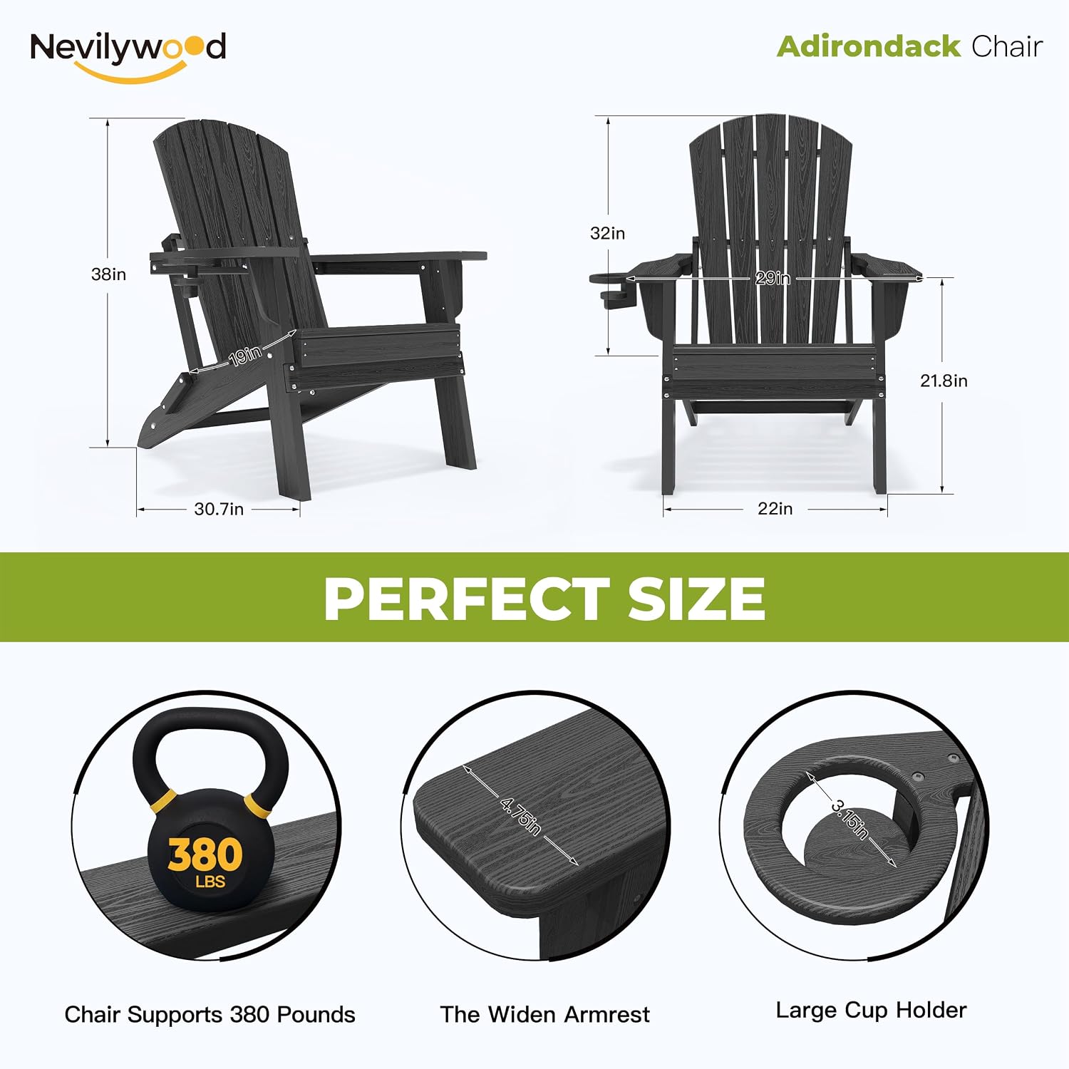 Folding Adirondack Chairs Set of 4, HDPE Cup Holders, Black | Patent pinless folding design, 380lbs, Extended backrest, Natural Wood Look, maintenance-free, All-Weather, Quick setup