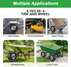 10" heavy-duty replacement tires, 4.10/3.50-4" for gorilla carts,hand showing dimensions