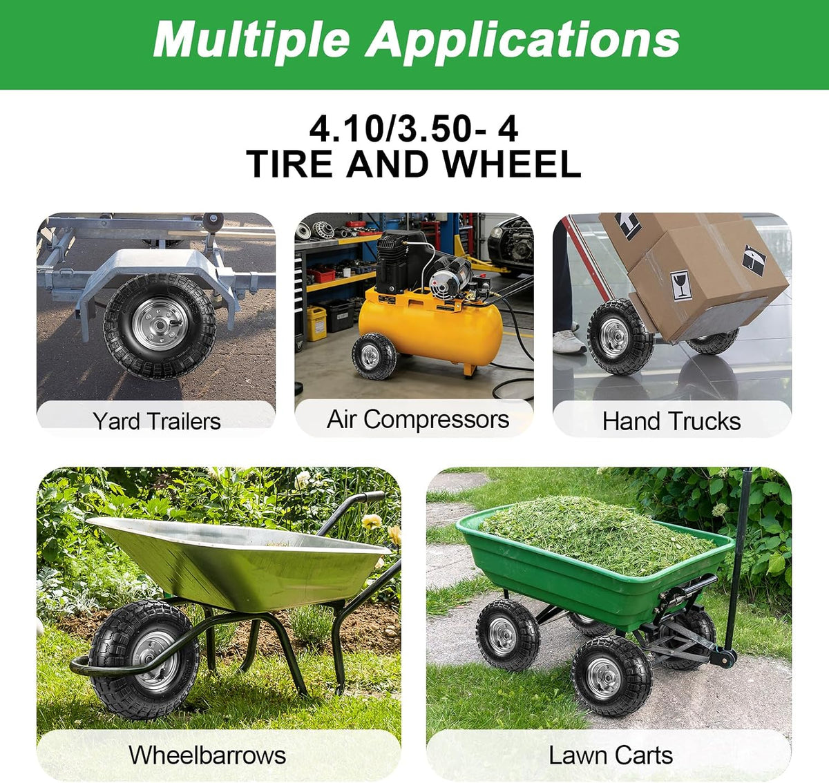 10" heavy-duty replacement tires, 4.10/3.50-4" for gorilla carts,hand showing dimensions