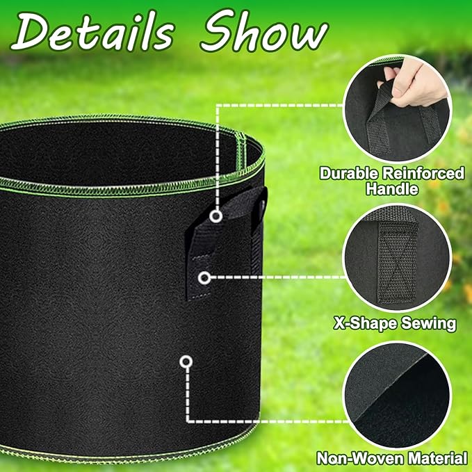 3 Gallon Grow Bags 6 Pack - Thickened Nonwoven Aeration Planter Bags with Handles, Plant Tags & Seedling Bags, Chili Vegetable Gardening Fabric Pots