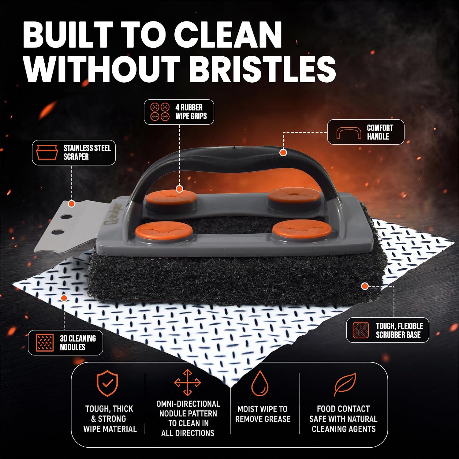 Proud Grill Q-Swiper Easy-Clean Grill Cleaner Set, Grate Cleaning Solution | Set -1 Bristle-Free Brush with Scraper & 25 Moist Cleaning Wipes, Grease & Grime Remover for Outdoor Grilling, Safe on Grills