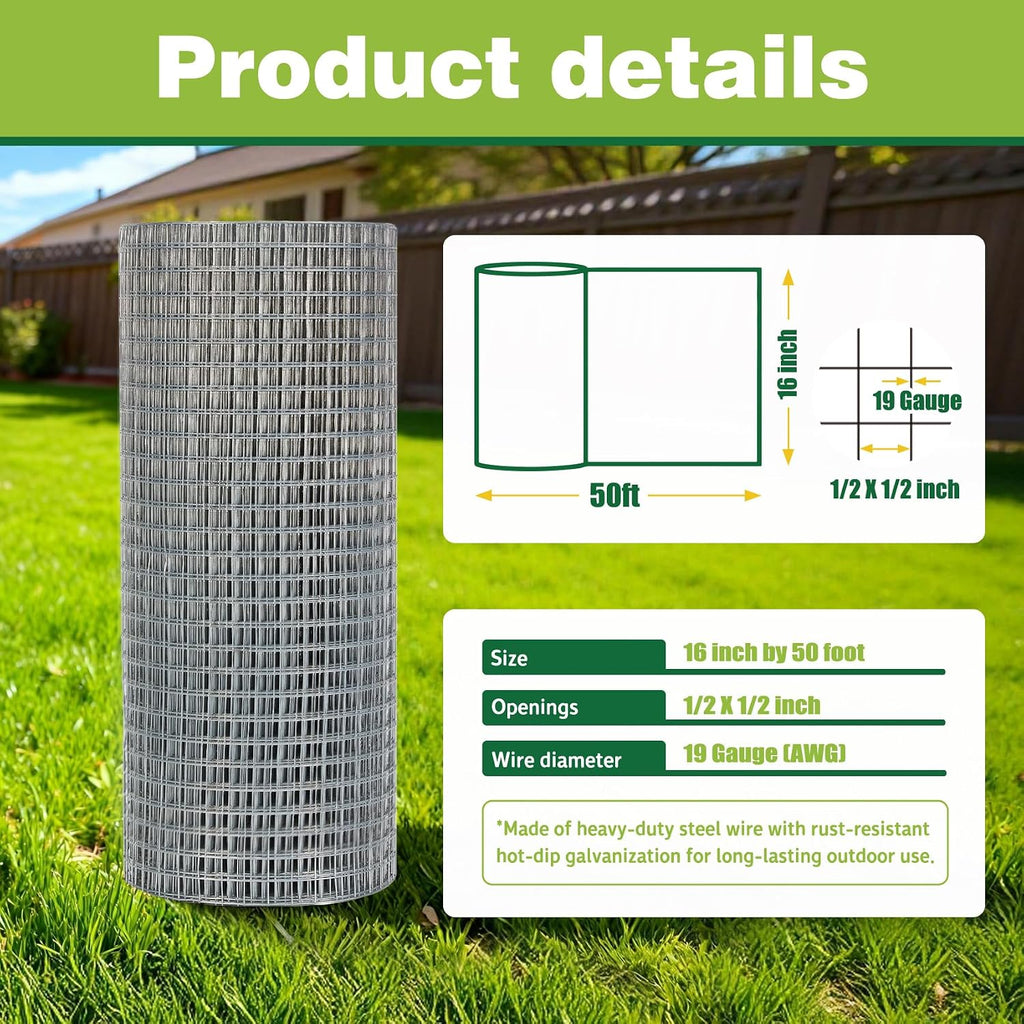 16" x 50' Hardware Cloth - 19 Gauge Heavy-Duty 1/2 Inch Welded Chicken Wire, Hot-Dipped Galvanized Mesh for Chicken Coop & Garden Fencing