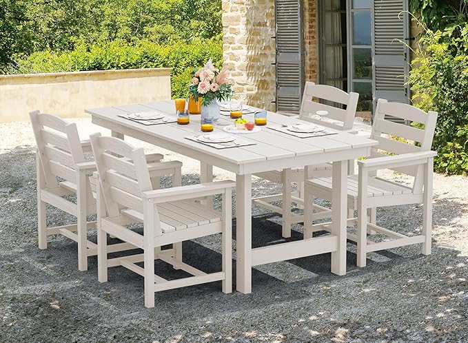 SERWALL HDPE Outdoor Dining Table for 6, 67" Rectangle Patio Dining Table with Umbrella Hole, White