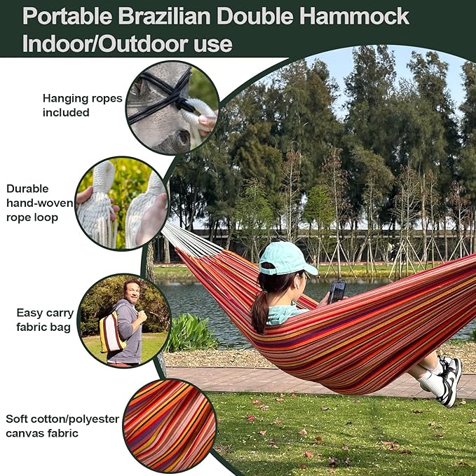JoyView Brazilian Double Hammock with Hanging Ropes Extra Large 86.6x59” Portable Cotton Hammock for Patio Backyard Porch 450LBS Weight Capacity Perfect for Outdoor/Indoor - Light Green/Yellow Stripe