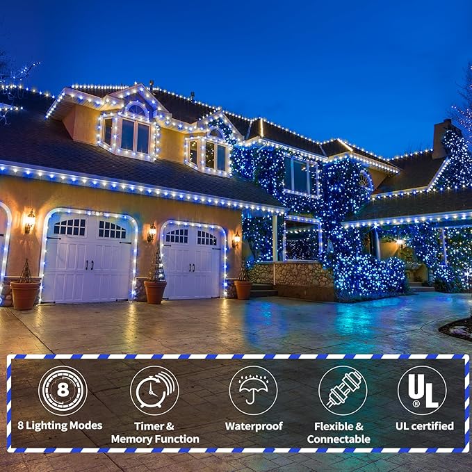 150ft LED Rope Lights Outdoor, 1080 LED Connectable and Flexible Tube Lights with 8 Modes, Waterproof LED Rope Lighting for Garden Patio Bedroom Party Pool Indoor Outdoor Christmas Decor (White&Blue)