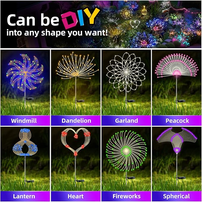 YOTOZU 2 PCS Solar Firework Light, Outdoor Solar Garden Decorative Lights 120 LED Powered 40 Copper Wires String DIY Landscape Light for Walkway Pathway Backyard Decor Parties Perfect Gifts(Green)