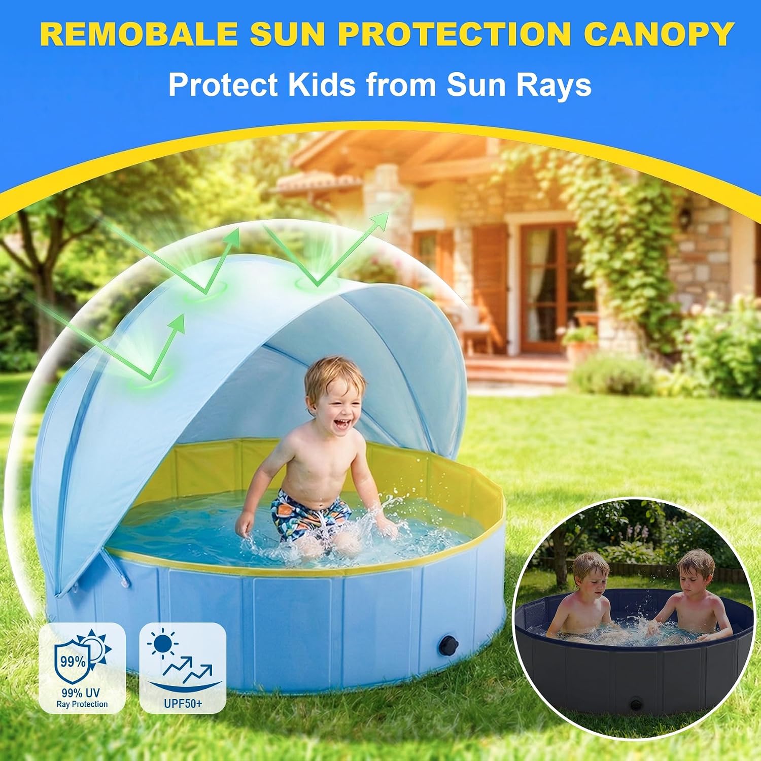Kiddie Pool with Canopy, Large Foldable Pool Detachable UPF 50+ Sunshade | 48in Pool, Removable Sunshade, Foldable, Non Slip, Swimming Pool Beach Essentials Tent with Shade for Outdoor Backyard Beach