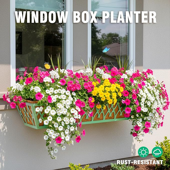 6 Pack 30 Inch Window Boxes Planters Railing Planter Box with Adjustable Brackets for Porch Fence Patio Balcony Hanging Flower Baskets with Coco Liners for Outdoor Garden Decor - Green