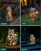 Vuees Solar Garden Statues Outdoor Decor, 6 LED Cat Flowers Butterfly Figurine Lights, Waterproof for Balcony Patio Porch Lawn Yard Ornament Art - Gift Ideas for Housewarming Gardening Grandma Women