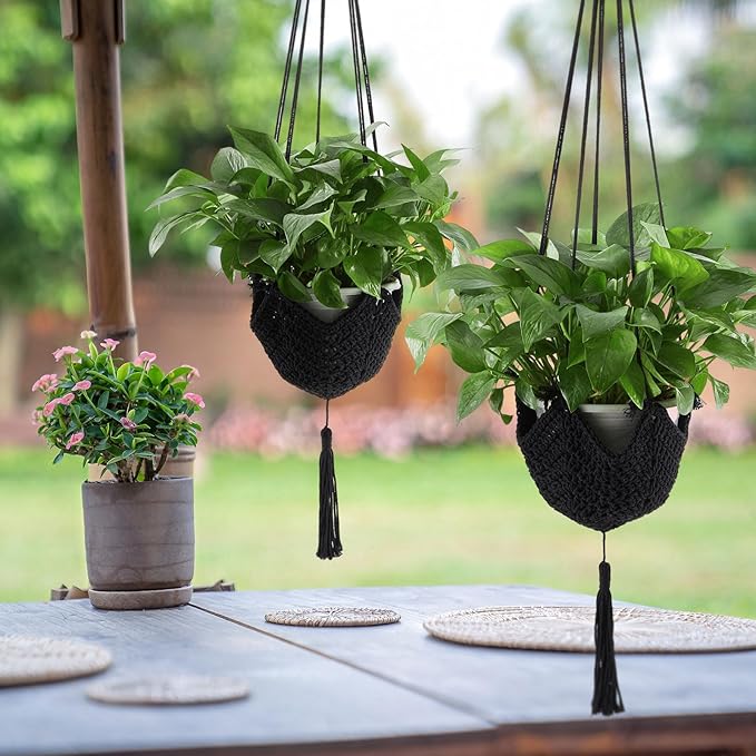 Shappy 2 Pack Jute Crochet Long Plant Hanger for 3 Inch to 12 Inch Pots, Macrame Plant Holder Rope with S Shaped Hooks for Halloween Home Decor (Black)