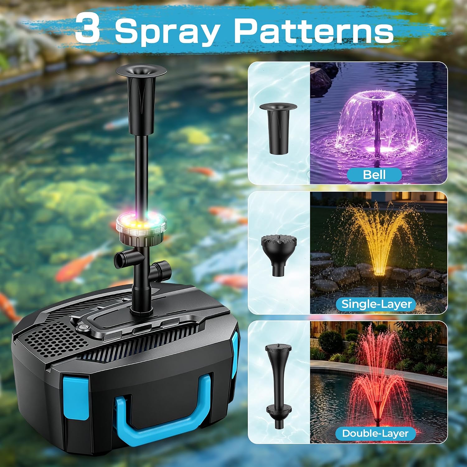 850GPH All-in-1 Pond Pump for Pond 100 to 750 Gallons | Built in U - V Light & Colorful LED, Submersible Fountain Pump for Koi Ponds, Waterfall & Water Features to Clean Green Water