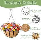 Black Flat Iron Metal Hanging Planter Basket with Coco Coir Liner(4 Pack, 16 Inch) Hanging Planters for Outdoor Plants Round Plant Flower Pots Hanging Flower Basket for Outdoor Patio Garden Decoration