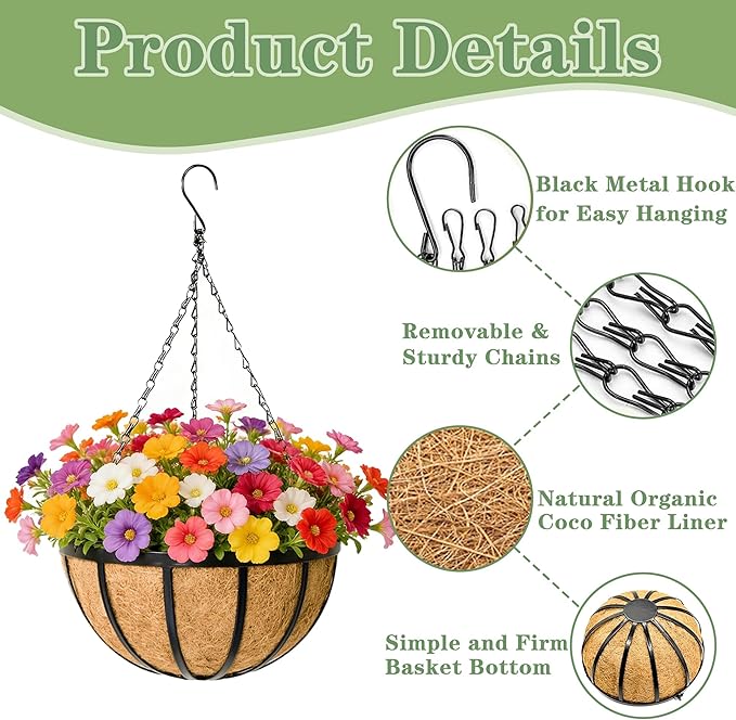 Black Flat Iron Metal Hanging Planter Basket with Coco Coir Liner(4 Pack, 12 Inch) Hanging Planters for Outdoor Plants Round Plant Flower Pots Hanging Flower Basket for Outdoor Patio Garden Decoration