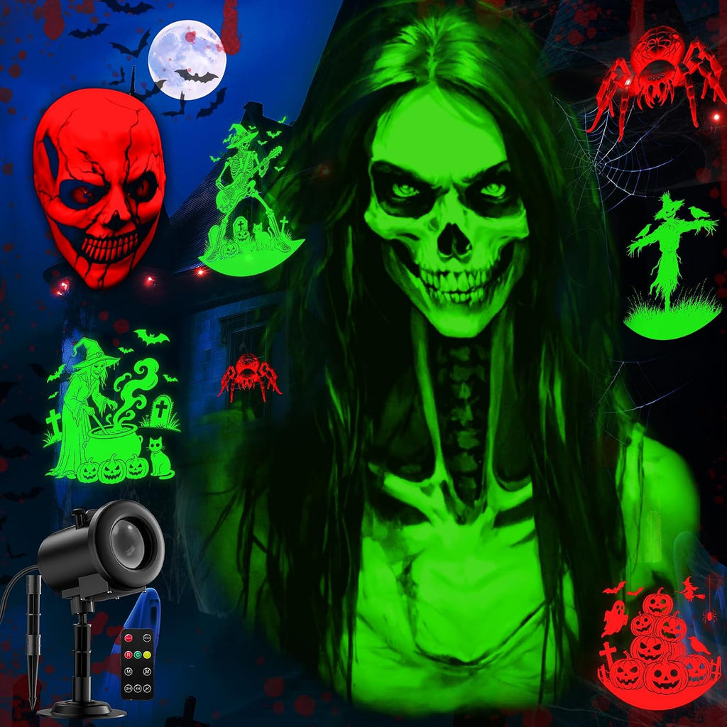 12 in 1 Halloween Halloween Projector Outdoor - 3D Dynamic Halloween Decorations,Clearer Skull/Spider/Pumpkin/Witch Cauldron HD Patterns,Holiday Lights for Window Garage Door Cover