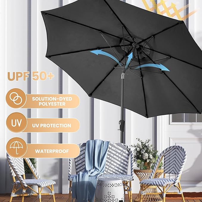 Ayge 9FT Large Outdoor Patio Umbrella Market Table Umbrella-UV Resistant, Easy Push Button Tilt and Crank, 8 Sturdy Fiberglass Ribs Heavy-Duty Pool Umbrella for Deck, Backyard,Garden,Black