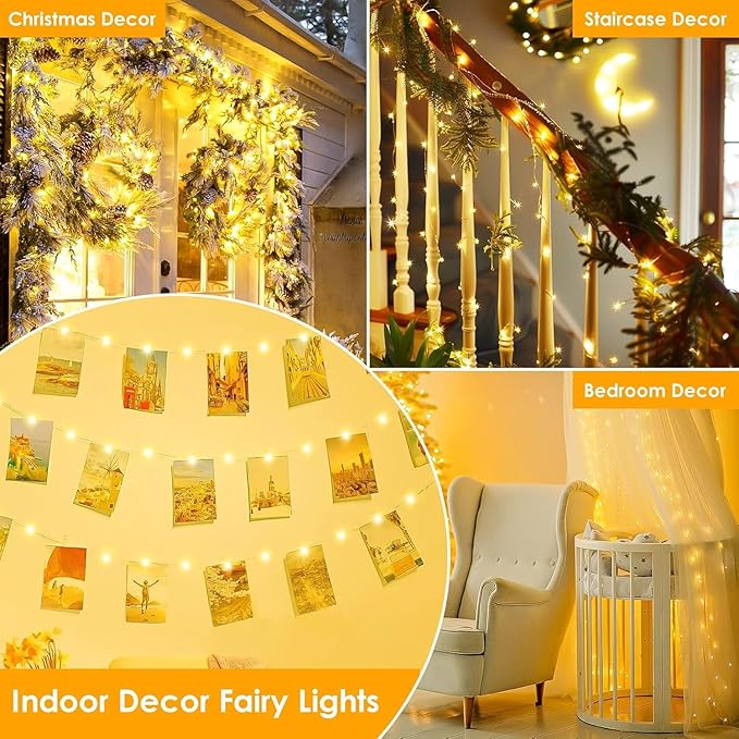 33Ft 100LED Fairy Lights Plug in, Waterproof String Lights Outdoor & Indoor 8 Modes with Timer, Christmas Light Bedroom Decor, Twinkle Light for Girl's Room Garden Christmas Decorations (Warm White)