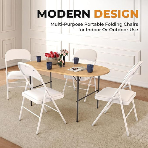 4 Pack Leather Chair | Foldable & Stackable | 350 lbs Capacity Steel Frame Seats for Indoor or Outdoor | Commercial Use Events Wedding Party Events Bulk Picnic Kitchen Dining - White